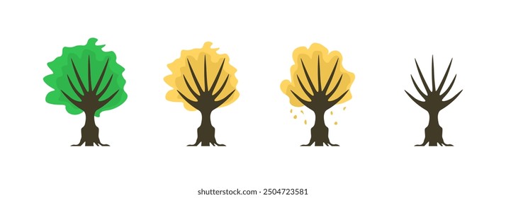 Iconos de conjunto de árbol. Etapas de iconos de caída de hojas. Estilo plano. Iconos del vector.