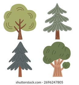 Tree set illustration in flat minimal style, featuring various tree shapes and foliage types. Perfect for eco design, nature projects, forest patterns, and educational materials.