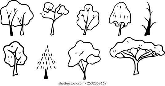 Ilustração de Conjunto de Árvore | Vetor de doodle minimalista para projetos de natureza e paisagem