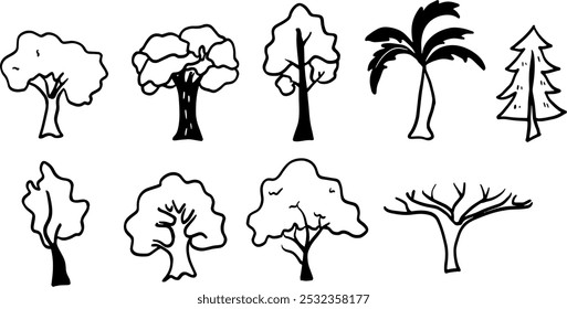 Ilustração de Conjunto de Árvore | Vetor de doodle minimalista para projetos de natureza e paisagem