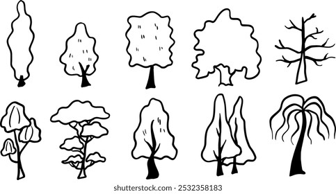 Ilustración de conjunto de árbol | Vector Doodle minimalista para Diseños de Naturaleza y paisajes