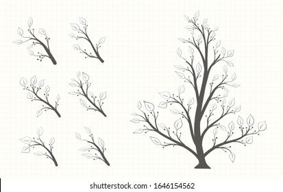 Tree with a set of isolated branches with leaves and berries in a gray tone in vintage style on a light background
