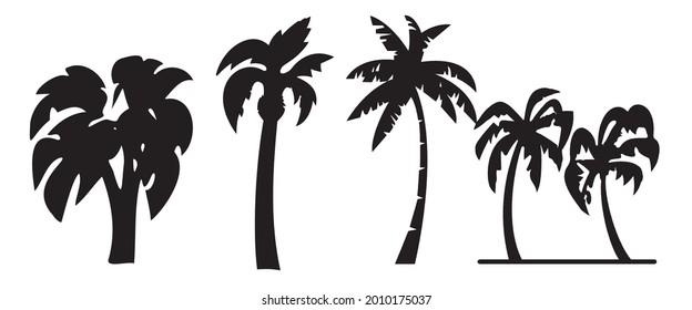 Tree Set. Palm Silhouette. Isolated on White Background. Travel Holiday Set. Vector Illustration. Tropical Mood. Nature collection. Black Illustration. Happy Holiday. Black Hand Drawing Illustration. 