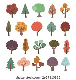 Tree set in scandinavian style featuring foliage shapes and natural woodland elements for decorative botanical illustration and creative nature inspired design projects
