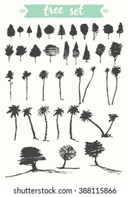 Tree set, vintage illustration, hand drawn