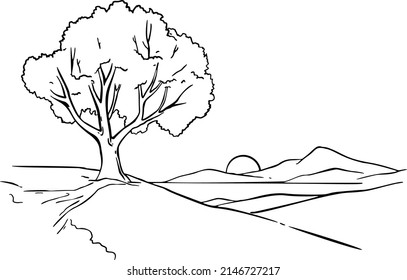 Tree, shadow, hills, sun, hand draw. Black vector illustration art