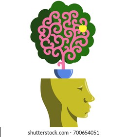 A tree in the shape of a brain on the head of a man. Vector illustration.