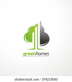 Tree shape with city skyline in negative space. Creative logo design concept for real estate business. Green homes symbol template. Logo design with commercial building and chart bars.