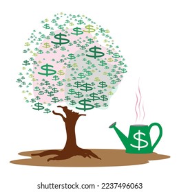 Forma de árbol con signos verdes de dólar y riego puede llenarse con agua mágica. Concepto de crecimiento empresarial.