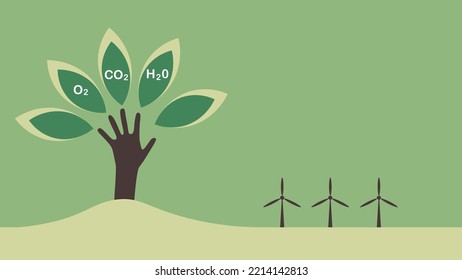 Tree in the shape of a hand. Green and brown eco, environment friendly design. Windmills or wind turbines in the background. Can be used for banners, prints, website and other. Perfect for earth day!