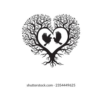 Tree in a shape of a heart and birds couple silhouette, vector illustration isolated on white background. Tree of love, black and white drawing art design.