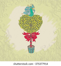 Tree in the shape of a heart and a fantastic bird, spring pictures, valentines day card, poster. Vector illustration