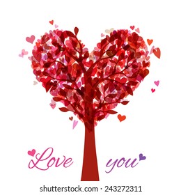 Tree in the shape of heart isolated on white background. Various red hearts on tree. Valentine's template. There is place for your text.