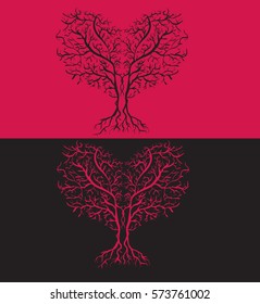 Tree in the shape of a heart, line drawing, black and red background