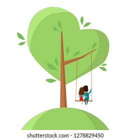 Tree in the shape of a heart. Two lovers are sitting on a swing and hugging. Vector flat cartoon illustration.