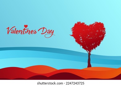 Tree in the shape of heart, valentines day background, vector fantasy landscape, banner template