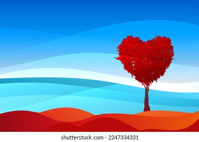 Árbol en forma de corazón, fondo de día de San Valentín, paisaje de fantasía vectorial, plantilla de banner