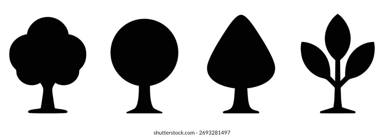 Conjunto de ícones de forma de árvore, Projetos mínimos de árvores de floresta, coleção de silhuetas de crescimento da natureza