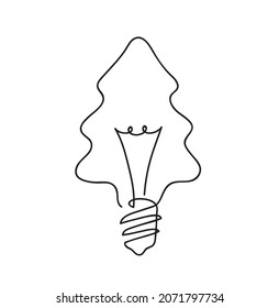 Tree shape lightbulb. New Year Concept. Continuous line art drawing. Hand drawn doodle vector illustration in a continuous line. Line art decorative design