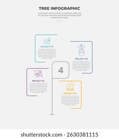 tree shape visualization infographic outline style with 4 point template with open box container with cut slice for slide presentation vector