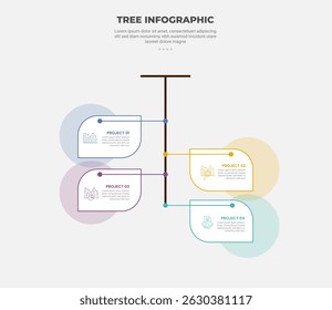 tree shape visualization infographic outline style with 4 point template with vertical line down direction with unbalance rectangle container for slide presentation vector