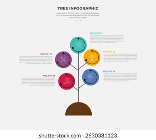 tree shape visualization infographic outline style with 5 point template with circle box icon and arrow line circular for slide presentation vector