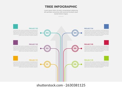 tree shape visualization infographic outline style with 6 point template with standing line on top direction with arrow background for slide presentation vector