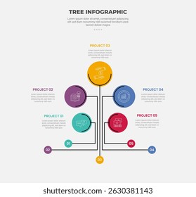 tree shape visualization infographic outline style with 5 point template with circle badge with line connection on vertical direction for slide presentation vector