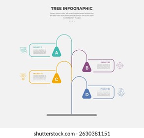tree shape visualization infographic outline style with 4 point template with open rectangle box container with smooth round line connection for slide presentation vector