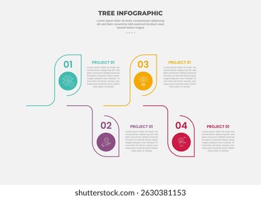 tree shape visualization infographic outline style with 4 point template with horizontal falling tree shape with circle badge inside for slide presentation vector