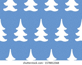 Tree shape, white, on blue background with snowy texture. Vector seamless pattern.