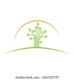 tree shaped circuit board, meadow and sunset, vector logo icon