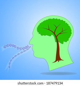 Tree shaped like a human brain inside a head, breath Into water and oxygen, Eco thinking concept