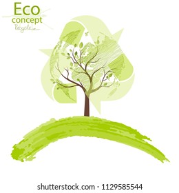 Tree shaped like the World map. Triangular recycling symbol on white background. Environmentally friendly world. Vector illustration of ecology the concept of info graphics. Simple minimalistic style.