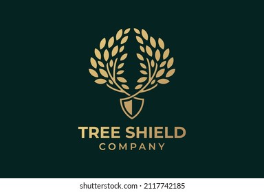 Tree shield logo, elegant gold tree with a shield at the root, vector illustration