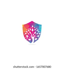 tree shield shape concept logo design. Abstract organic element vector design. Ecology Happy life Logotype concept icon.	