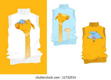 Tree Shirts with Print of Cartoon Giraffe and Bird