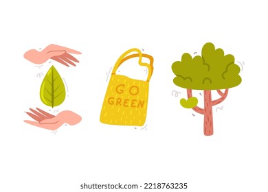 Tree, Shopping Bag and Hand with Green Leaf as Planet and Nature Conservation Attribute Vector Set