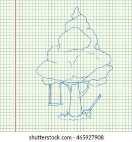 Tree and shovel. Hand drawn vector stock illustration. Sheet ball pen drawing.