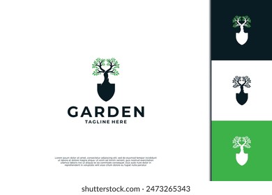 Combinación de diseño de logotipo de pala de árbol para jardín, granja y agricultura