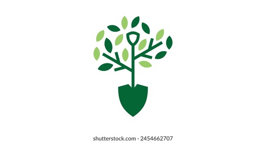 tree and shovel logo design, garden, logo design template, symbol, icon, vector, creative idea.