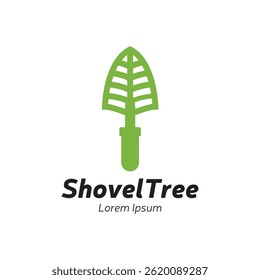 Projeto de logotipo de pá de árvore, ícone de pá de jardim isolado no fundo branco.