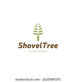 Projeto de logotipo de pá de árvore, ícone de pá de jardim isolado no fundo branco.