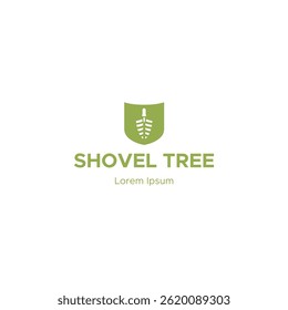Projeto de logotipo de pá de árvore, ícone de pá de jardim isolado no fundo branco.
