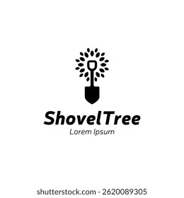 Tree shovel logo design, garden spade icon isolated on white background..