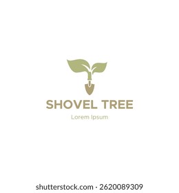 Projeto de logotipo de pá de árvore, ícone de pá de jardim isolado no fundo branco.