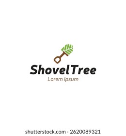 Projeto de logotipo de pá de árvore, ícone de pá de jardim isolado no fundo branco.