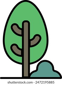 A tree is shown in a black and white drawing. The tree is tall and has a thick trunk. The leaves are spread out and the branches are thin. The tree is surrounded by a small pile of dirt