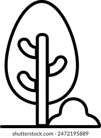 A tree is shown in a black and white drawing. The tree is tall and has a thick trunk. The leaves are spread out and the branches are thin. The tree is surrounded by a small pile of dirt