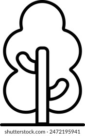A tree is shown in a black and white drawing. The tree is tall and has a thick trunk. The leaves are spread out and the branches are thin. The tree is surrounded by a small pile of dirt